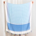 Detailed view of bohemian linen scarf with blue geometric patterns and tassel edges - 180*90CM / Blue
