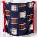 Detail showing navy blue checkered scarf with red trim in a lightweight fabric - Navy Blue