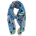 Blue and mint green cotton linen scarf with geometric dots and paisley patterns - Blue Floral Print
