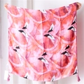Detailed view of pink crane print linen scarf with delicate fringe edges and light fabric - 180cm x 90cm / Pink Flamingo (SL1903-023)