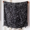 Detail of marble pattern cotton linen scarf with black and white fringe tassels - Black