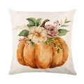 Square fall pillow case with watercolor pumpkin and floral print on beige fabric - Pumpkin Floral Arrangement (JYM632-2)