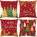 Set of 4 festive red Christmas pillow cases with winter trees and snowflake prints - 45*45cm (Insert Not Included) / Red Winter Flowers Series (JYM639 Serie)
