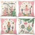 Set of 4 Christmas throw pillow covers with nutcracker and tree patterns in soft pink hues - 45*45cm (Insert Not Included) / Pink Nutcracker Series (JYM641 Serie)