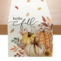 Chemin de table Hello Fall avec tournesols et citrouilles sur bois rustique - 33cmx180cm / Hello Fall Tournesol Citrouille (ZQ035-2)