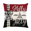 Funda de cojín navideño Holly Jolly con cuadros rojos y negros para decoración de sofá - Estilo de Texto Artístico con Lazo de Cuadros (JYM640-3)