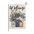 Welcome Fall garden flag featuring blue pumpkins and sunflowers on rustic burlap - Welcome Fall Blue Pumpkin Style(HYQ066-1)