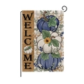 Garden flag with vertical Welcome text and stacked blue pumpkins with sunflowers - Stacked Pumpkins Welcome Style(HYQ066-2)