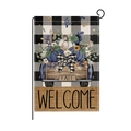 Welcome fall garden flag with buffalo plaid, blue pumpkins and sunflowers in a truck - Plaid Truck Fall Welcome Style(HYQ066-3)