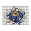 Leinen-Tischset mit blauem Kürbis-Sonnenblumen-Druck auf grauem Karo-Muster - 32x21cm (Baumwolle Leinen)