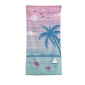Tropical beach towel featuring pink sunset, palm trees and flamingo print design - Sunset Flamingo (STJ005-4)