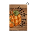 Autumn garden flag with pumpkin and Hello Fall text on dark wood background with metal stand - Wood Grain Pumpkin Hello Fall Style(HYQ066-5)