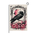 Gothic Gartenflagge mit schwarzem Raben auf Totenkopf und Rosen für Halloween-Dekor - Krähe und Skelett Stil (HYQ071-1)