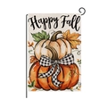 Harvest festival garden flag with Happy Fall pumpkins and black white buffalo plaid bow - Bowknot Pumpkin Style (HYQ072-1)