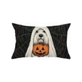 Halloween lumbar pillow cover featuring a ghost dog and pumpkin on dark wood background - Cute Dog Ghost Pumpkin Style (JYZ016-8)
