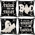 Set of four Halloween pillow covers with ghost, bat, and pumpkin prints on black fabric - Halloween Black & White Series Set (JYM626 Series)