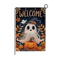 Halloween garden flag with cute ghost, wizard hat and pumpkin on white background - Wizard Hat Ghost Style (HYQ070-3)