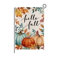 Garden flag with hello fall text and colorful pumpkin prints on linen fabric texture - Hello Fall Three Pumpkin Style (HYQ072-4)