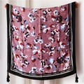 Ethnic style square scarf with ink flower print and tassels on a pink cotton base - 180x90cm / Bean Paste Red