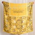 Detail of yellow cotton scarf with black bohemian geometric patterns and frayed edges - Bohemian Totem Style / Bright Yellow