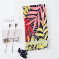 Floral cotton linen scarf with tropical leaf print and blue tassels for summer beach sun protection - 180x100cm / Multicolor Tropical Print (Main Color)
