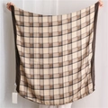 Detail view of large checkered cotton linen scarf with classic beige and brown plaid pattern - Khaki