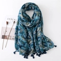Ethnic paisley print cotton linen scarf with tassel fringe on a white background - 180cm x 90cm / Cyan Blue Leaf Print Style (SL2202-033)