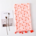 Pink flamingo print linen scarf with orange tassels and lightweight summer texture - Light Pink