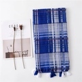 Dettaglio di sciarpa a quadri blu e bianchi con nappe a pompon decorative e trama morbida - Blu