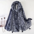 Ethnic paisley tassel shawl in navy and beige cotton linen blend flat lay view - 180x90cm / Navy Blue