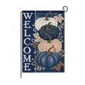 Navy blue autumn garden flag with vertical stacked pumpkins and white Welcome text - Welcome Deep Blue Pumpkin Style (HYQ072-5)