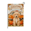 Herfst tuin vlag met Golden Retriever puppy, pompoenen en een vintage busje - Hyq074-1