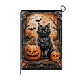Halloween garden flag with black cat and pumpkin design on decorative iron hook - Forest Black Cat & Pumpkin Pattern (HYQ073-4)