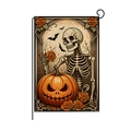 Halloween garden flag with skull holding rose and pumpkin on vintage orange background - Hyq073-5