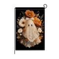 Halloween garden flag featuring cute ghost with orange poppies on black linen fabric - Hyq074-5
