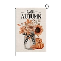 Linen autumn garden flag featuring watercolor pumpkin sunflowers and hello autumn text - Hyq074-6