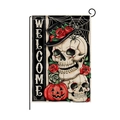 Halloween garden flag featuring gothic skull, red roses and pumpkin on a linen banner - Hyq073-7