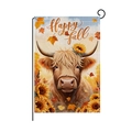 Happy Fall garden flag featuring a watercolor highland cow with sunflowers and maple leaves - Hyq074-7