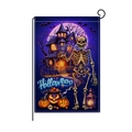 Halloween garden flag with skull and haunted house graphics on purple burlap fabric - Hyq073-8
