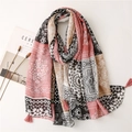 Bohemian geometric cotton linen scarf with pink tassels and chic floral patchwork design - Pink With Fringe