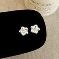 Macro detail of silver flower earrings with marquise zircon petals on black velvet stand - Silver