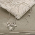 Elegant beaded heart necklace with white pearl bow and clear crystal heart pendant - Pearl Bow Transparent Heart Style (B-111)