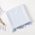 Detail of light blue cotton linen scarf featuring white embroidery and fringe trim - Blue