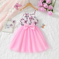 Pink girl's strap dress with butterfly print, large bow and layered tulle tutu skirt - 90 / Pink