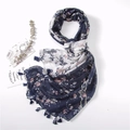 Linen cotton vine floral print scarf with tassels in navy blue and white colors - 180*100cm / Navy Blue & Cream White (Main Color)