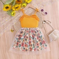 Girls summer tutu dress with yellow ribbed top and sunflower mesh skirt design - 90cm / Yellow