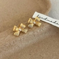 French chic gold bow stud earrings with zircon center and retro brushed metal texture - Golden Brushed Bow (A-666)
