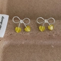 Boucles d'oreilles nœud argenté avec cœurs en pierre œil de chat jaune style vintage - Boucles d'Oreilles Clous Nœud Papillon Jaune