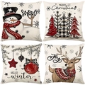 Set of 4 Christmas linen pillow covers with snowman, reindeer and holiday motifs - 45x45 Square (No Insert) / Retro Grid Snowman Series (JYM644 Series)