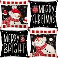 Set of 4 Christmas throw pillow covers with snowman and Merry Christmas linen texture - 45*45cm (Insert Not Included) / Red-Black-White Snowman Series 2 (JYM646 Series 2)